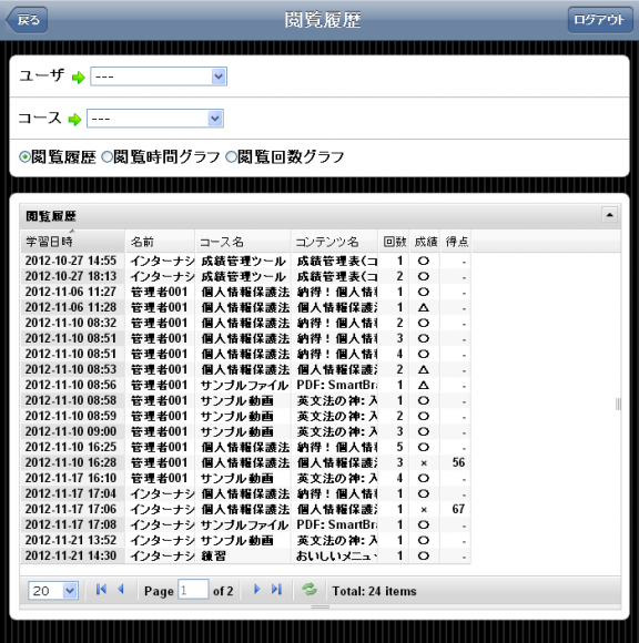 「学習日時」を基準にした並びで表示される