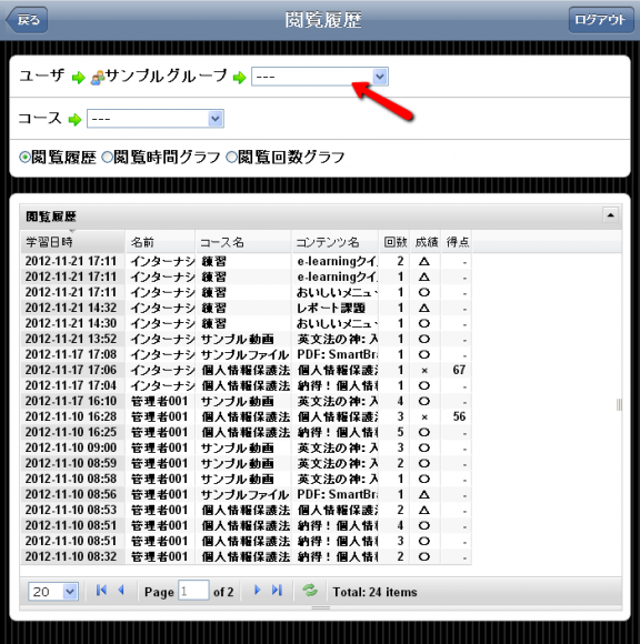 更にグループ内の個別ユーザに絞り込む