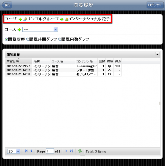 特定のユーザの記録のみを表示できる