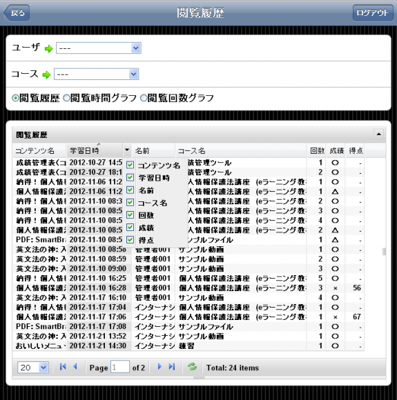 チェックボックスで列の表示／非表示が切り替えられる